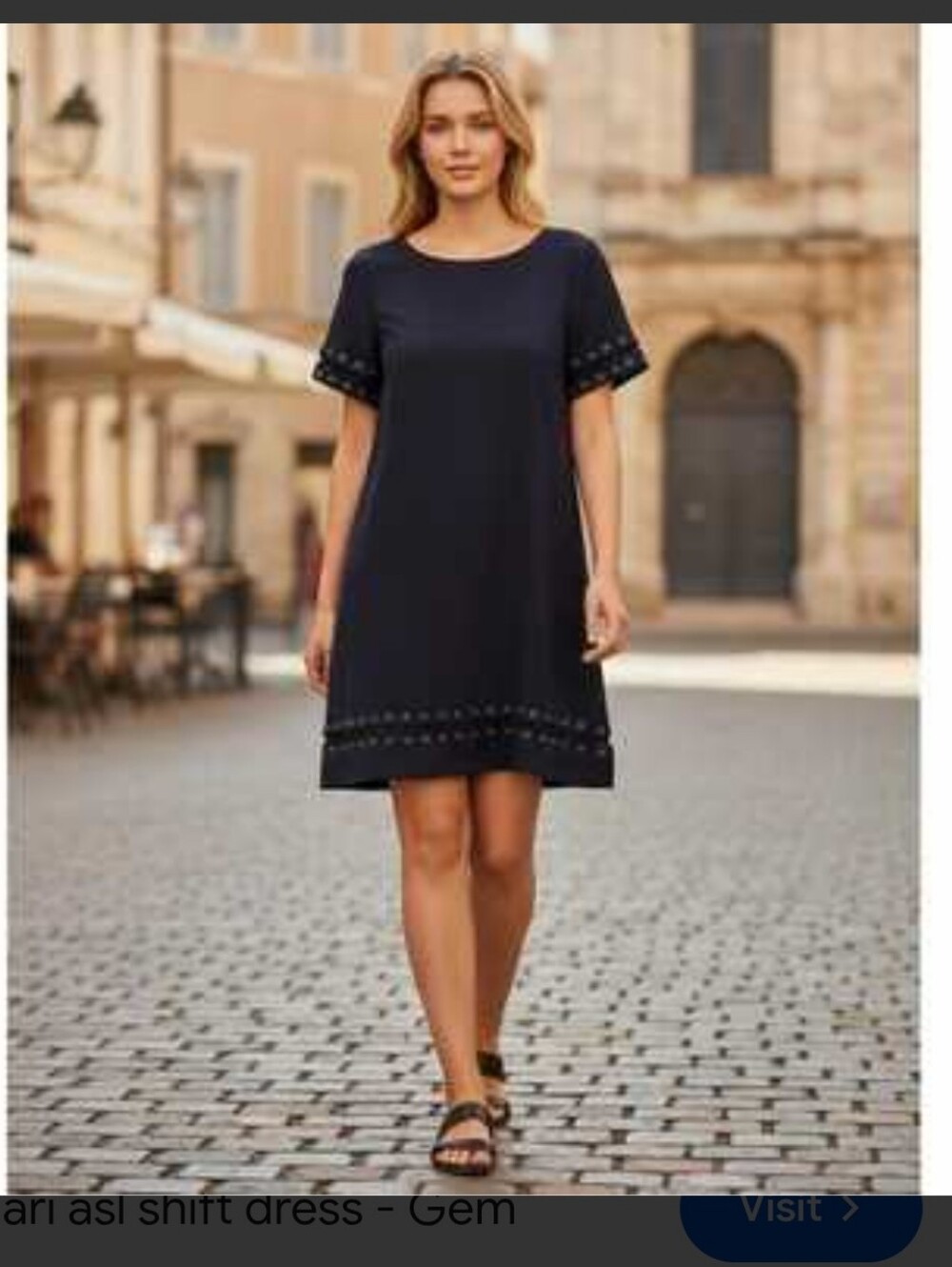 Tahari Navy Short Sleeve Shift Dress with Eyelet Detail